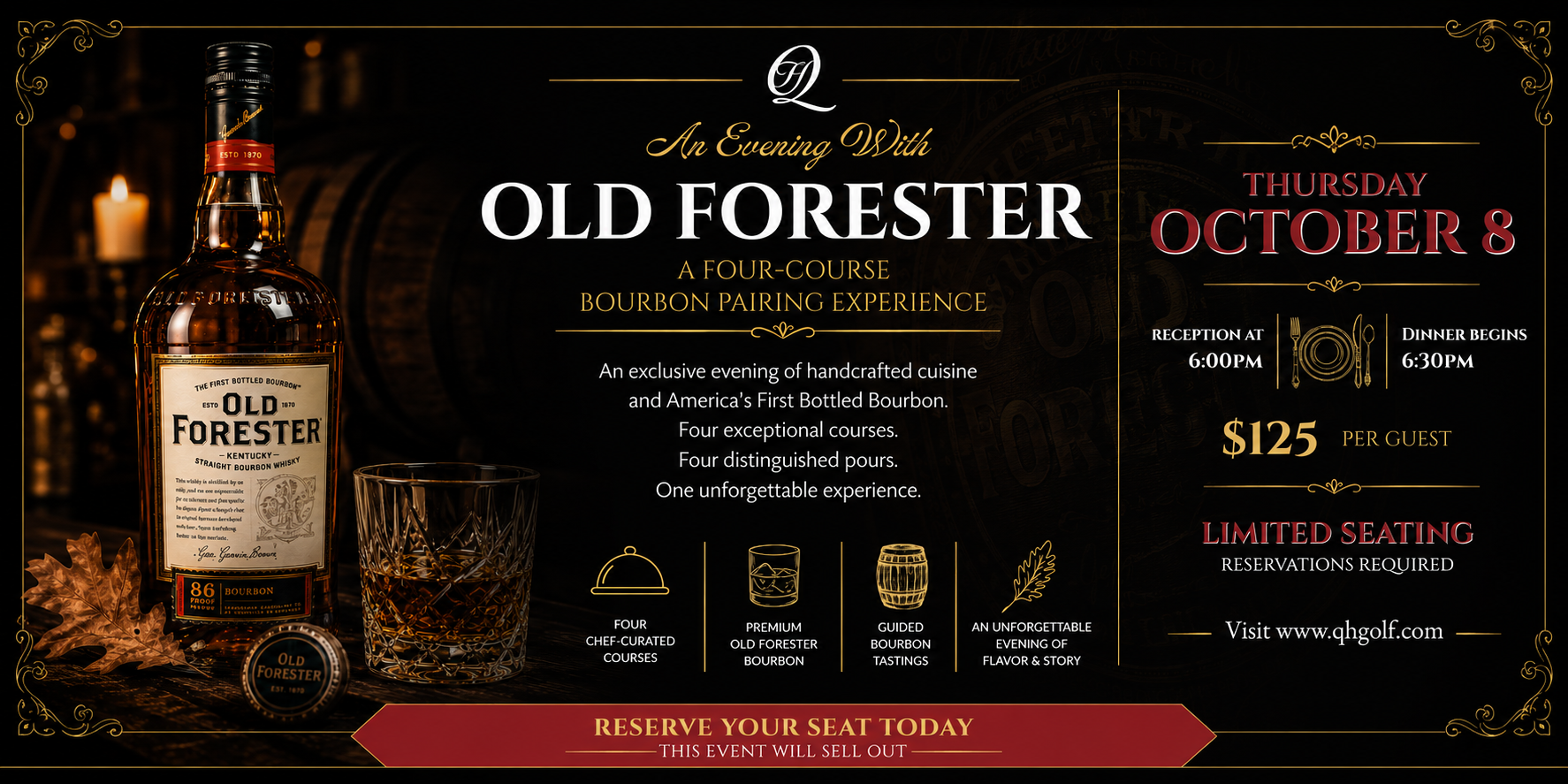 An exclusive evening of handcrafted cuisine and America's First Bottled Bourbon hosted by John Brown and Queenstown Harbor. Four exceptional courses. Four distinguished pours. One unforgettable experience.