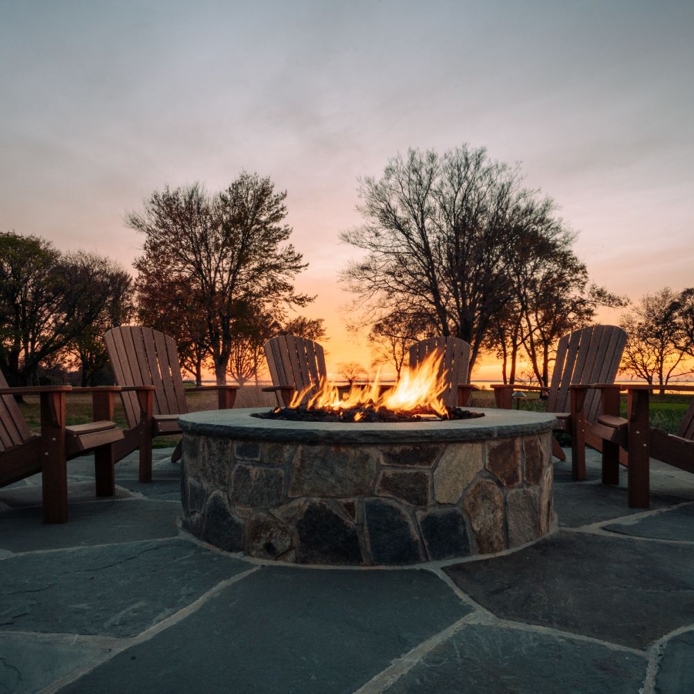 a firepit roars at queenstown harbor on the eastern shore of maryland