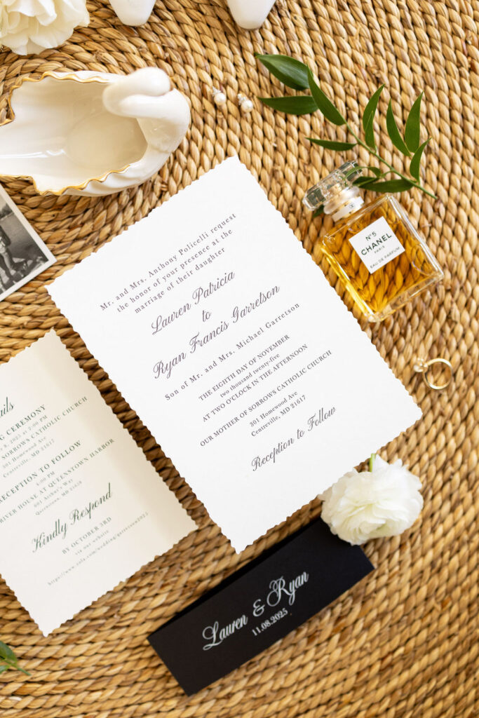 a wedding invitation is styled with other details